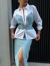 Conjunto blanco con corset celeste y falda con abertura – estilo moderno y sofisticado