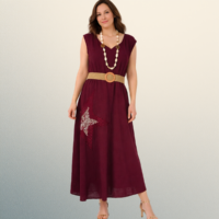 Vestido de Lino Italiano Vino con Estrella en Lentejuelas