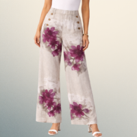 Pantalón Palazo de Lino Italiano Estampado Floral Beige