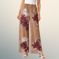 Pantalón Palazo de Lino Italiano Estampado Floral Café