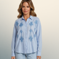 Blusa Celeste con Palmeras en Brillos