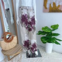 Pantalón Palazo de Lino Italiano Estampado Floral Beige