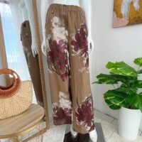 Pantalón Palazo de Lino Italiano Estampado Floral Café