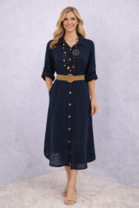 Vestido Camisero de Lino Italiano Premium Azul Profundo