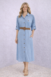 Vestido Camisero de Lino Italiano Premium Celeste