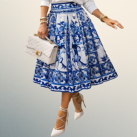 Falda de poliéster azul para mujer estilo midi con diseño estampado