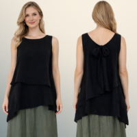 Blusa en lino italiano en capas con lazo posterior tono negro