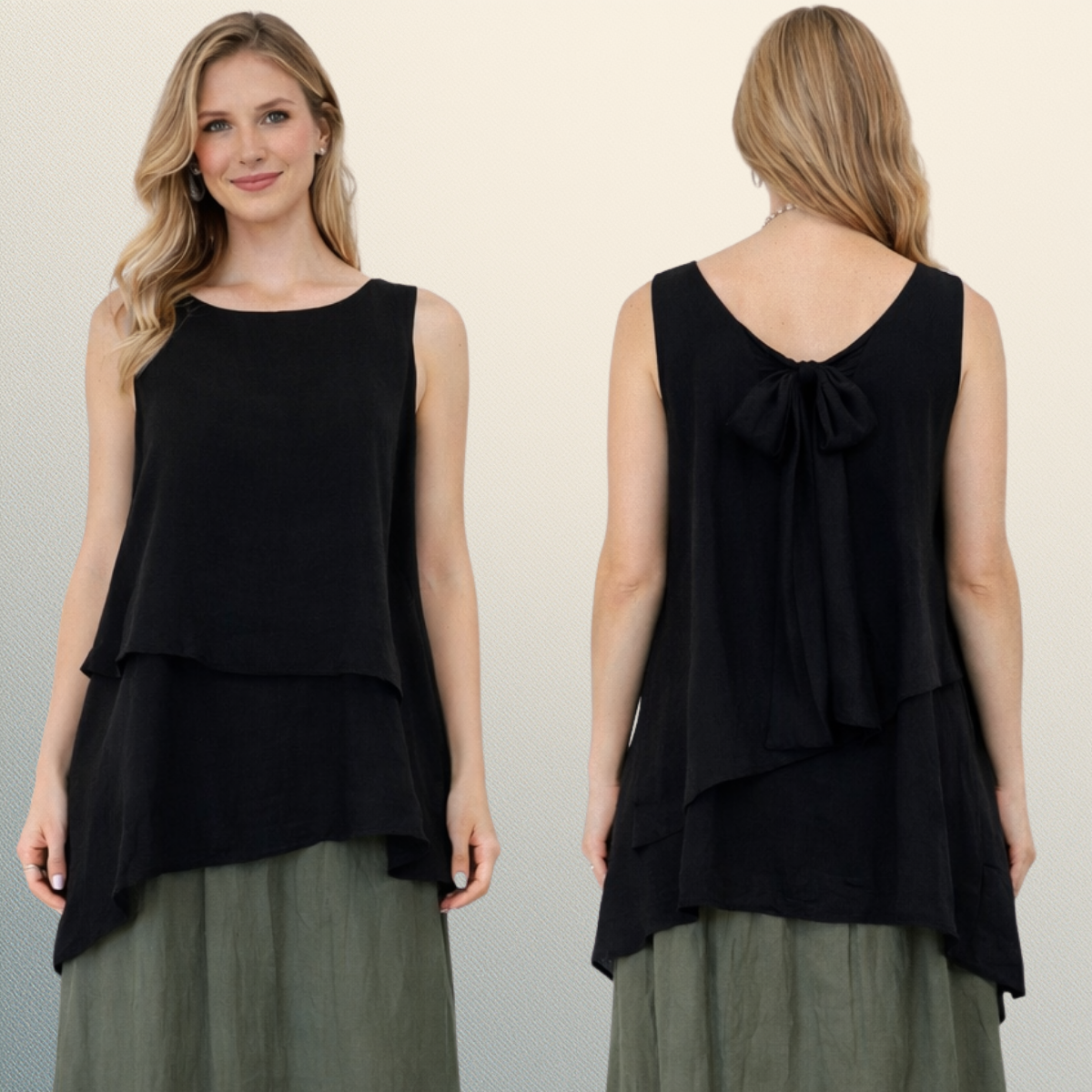 Blusa en lino italiano en capas con lazo posterior tono negro