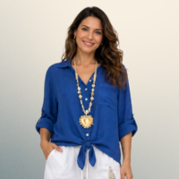Blusa Azul de Lino Italiano con Amarre Frontal