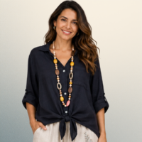 Blusa Azul de Lino Italiano con Amarre Frontal