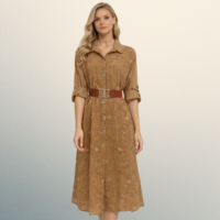 Vestido camisero midi de algodón bordado tono camel