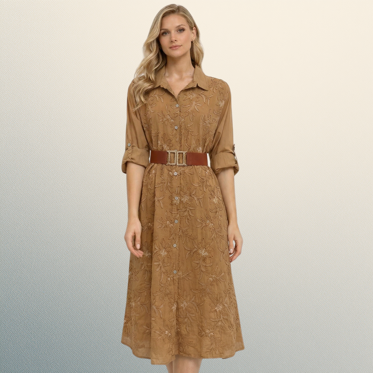 Vestido camisero midi de algodón bordado tono camel
