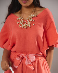 Blusa de Lino Italiano con Escote Bardot · Coral
