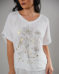 Blusa de Lino Italiano con Bordado Floral · Blanco