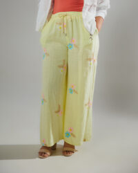 Pantalón Palazzo de Lino Italiano Bordado · Amarillo Pastel