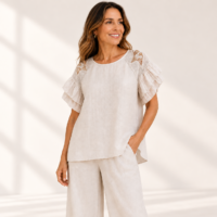 Blusa Ravello de lino italiano beige con encaje, ALTIVA Costa Rica