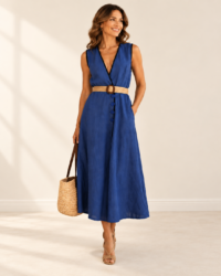 Vestido cruzado azul índigo de lino italiano