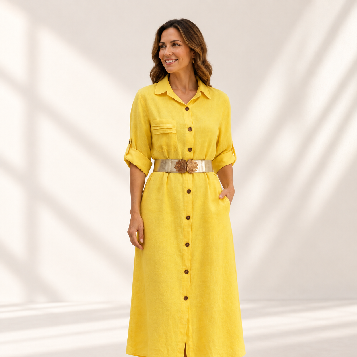 Vestido camisero amarillo de lino italiano, ALTIVA Costa Rica