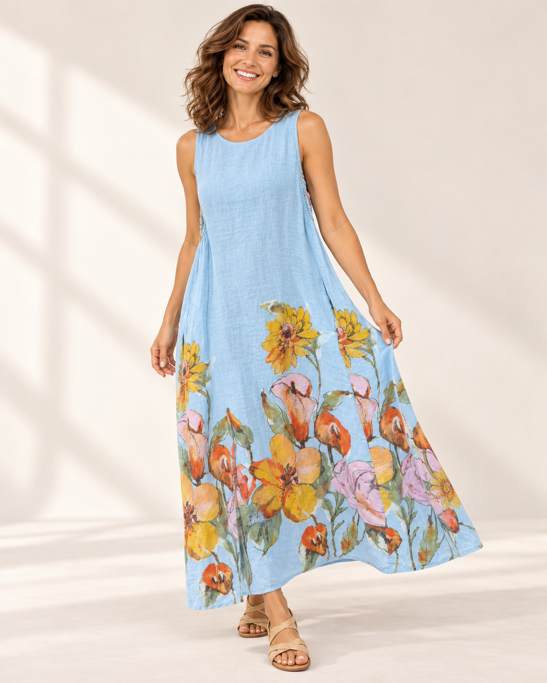Vestido celeste flores amarillas, colección ALTIVA Costa Rica