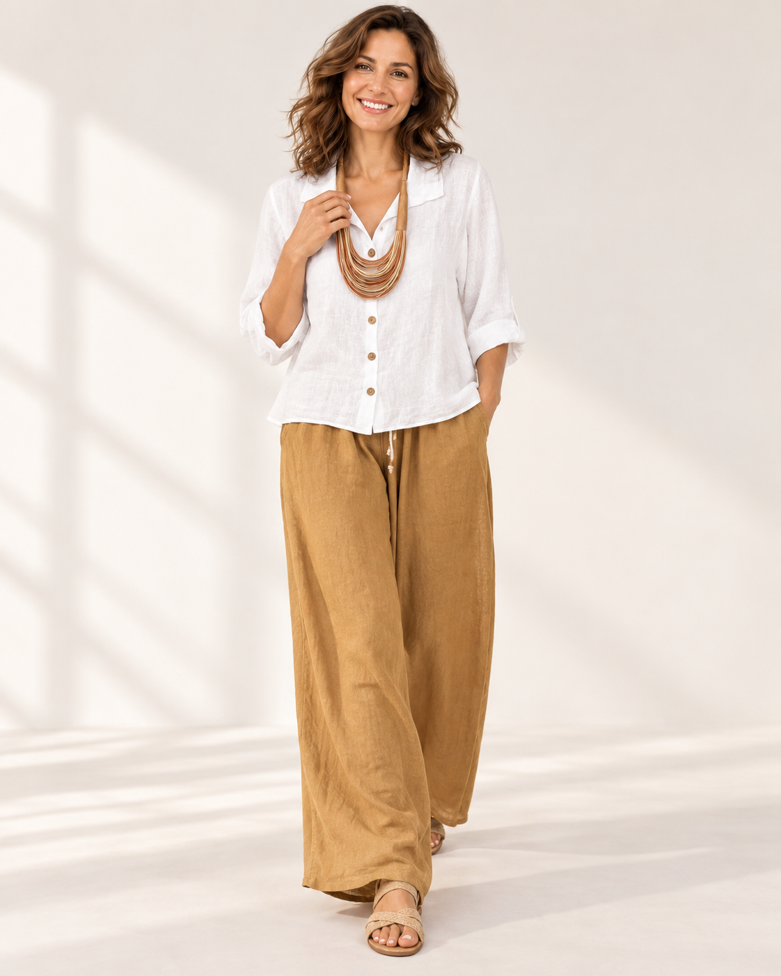 Blusa blanca pantalon camel, colección ALTIVA Costa Rica