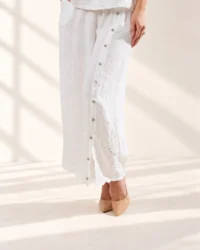 Pantalón Palazzo de Lino Italiano con Botonadura Decorativa · Blanco