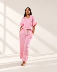 Pantalón de Lino Italiano Bordado · Rosa