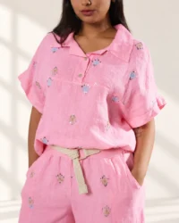 Camisa de Lino Italiano Bordada · Rosa
