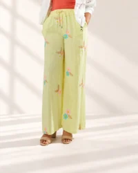 Pantalón Palazzo de Lino Italiano Bordado · Amarillo Pastel